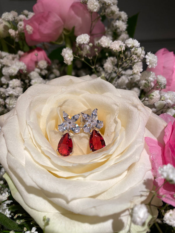Princess Flower With Pear Drop In Ruby Red Earrings - Law London Jewellery