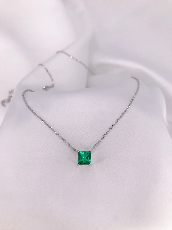 Emerald Green Solitaire Princess Cut Necklace - Law London Jewellery