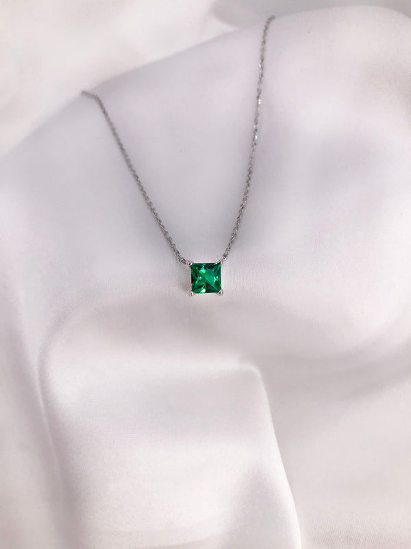 Emerald Green Solitaire Princess Cut Necklace - Law London Jewellery