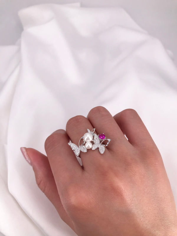Pink Butterfly Ring With Pearls - Law London Jewellery